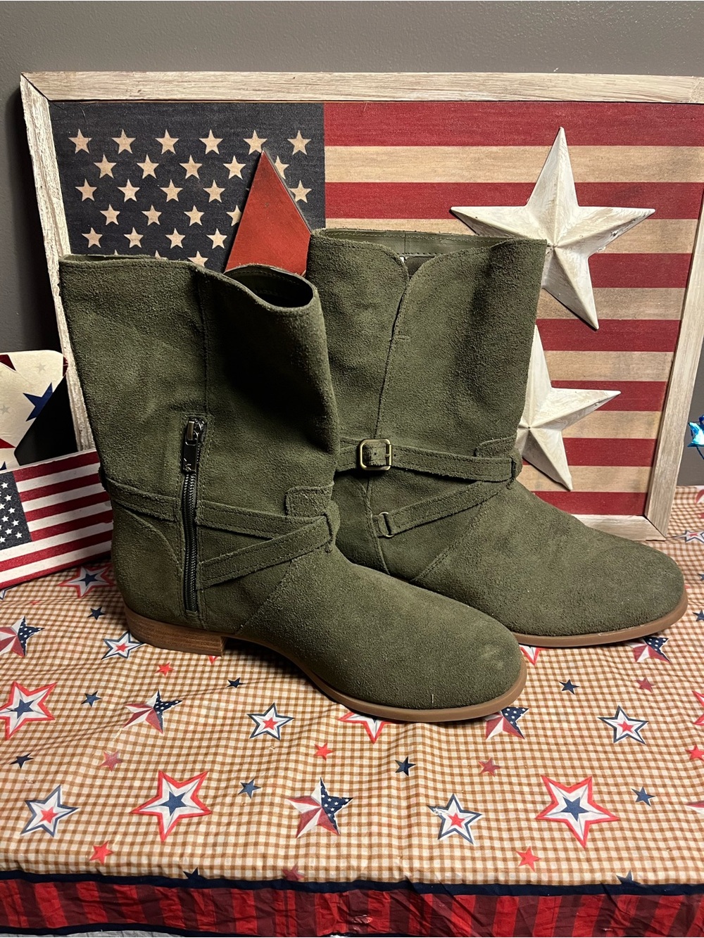 Koolaburra Olive Green Suede Mid-Calf Buckle Boots